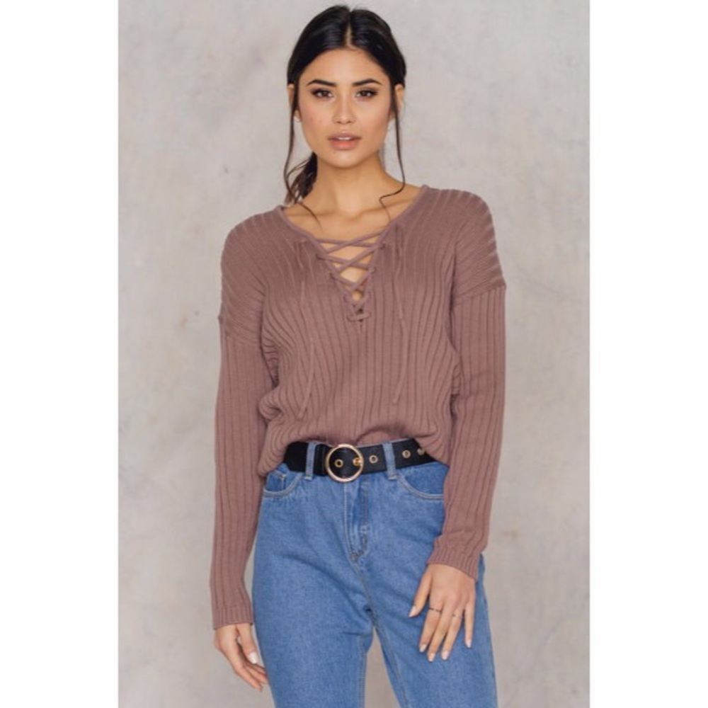 Lace Up Ribbed Long Sleeve Vneck